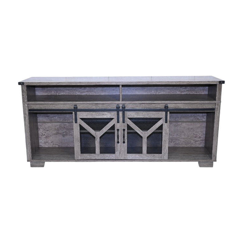 Meuble télé 65,3 po avec porte grillagée en fer, éclairage à DEL et éléments en forme de Y, couleur gris antique, finition coulissante 60 69 pouces, ajustement