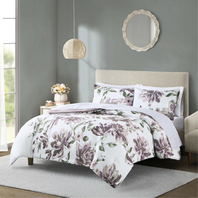 Édredon de chambre à coucher moderne et drap taupe à motif floral mauve pour un confort douillet