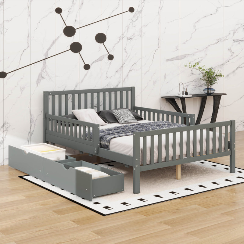 Wooden Platform Bed With Safety Guardrails, Full, Grey
