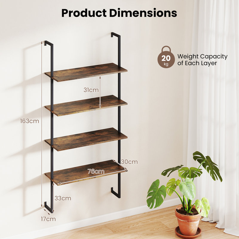 163cm H x 76cm W Metal Floating Bookcase, Brown