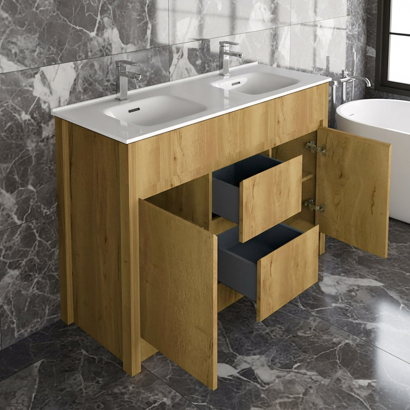 Isabella 48 po L x 18 po P 2 portes et 2 tiroirs Meuble-lavabo autoportant avec évier double et Comptoir en Céramique blanc
