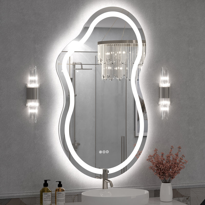 Molly Asymmetrical LED Front Light and Backlit Anti-Fog Wall Bathroom/ Vanity Mirror, 49" x 27", Frontlit & Backlit