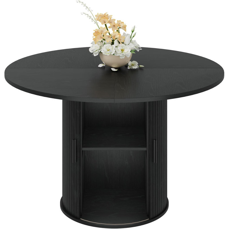 47" Round Dining Table for 4 with 2-Tier Hidden Storage Shelf and Sliding Wood Door, Space-Saving Kitchen & Dining Room Table