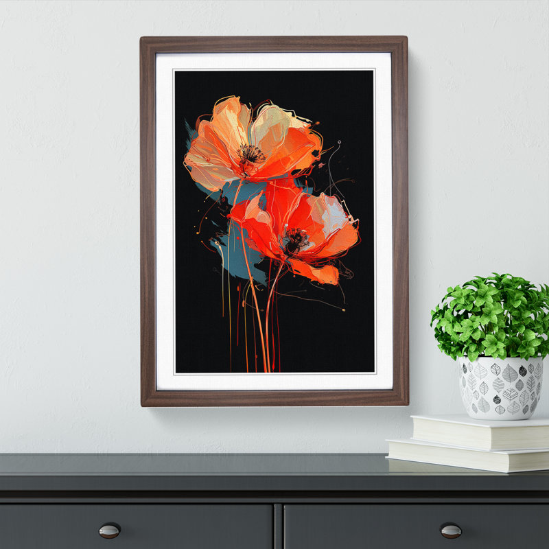 Poppy Flower Gestural - Single Picture Frame Print on Wood, Walnut Framed, 46cm H x 34cm W x 2cm D