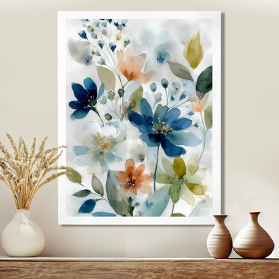 Aquarelle, champs de fleurs sauvages bleues et oranges en France - fleurs murales, impression sur toile florale bleue