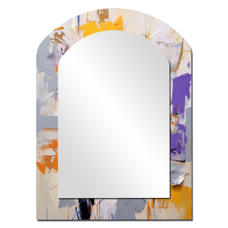 Poétique expressionniste en mauve et orange II - miroir décoratif asymétrique à collages abstraits, 34 po x 25 po