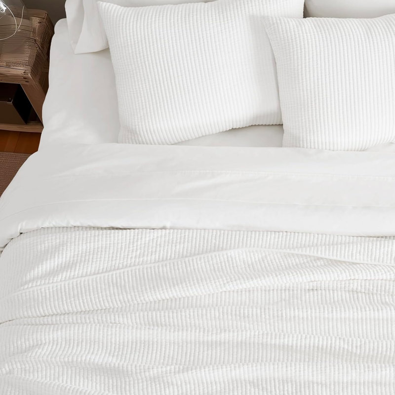 Ribbed Matelassé Cotton Coverlet Set, Ivory White, Queen Quilt + 2 Queen Shams