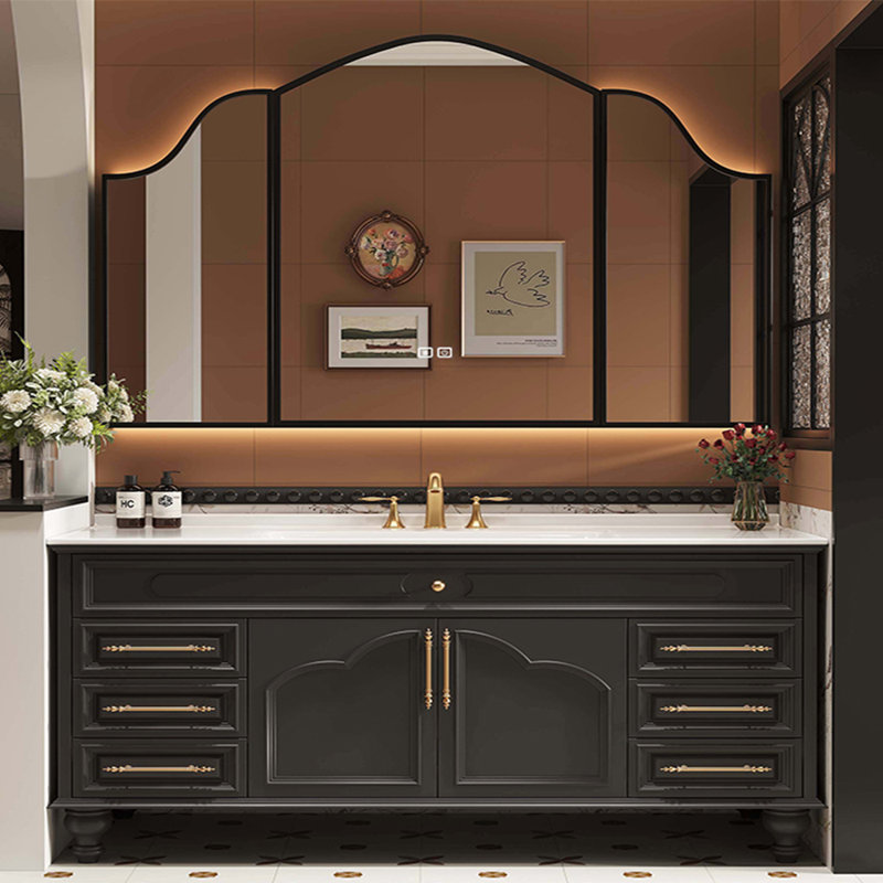 French style retro modern bathroom cabinet, 67", Black
