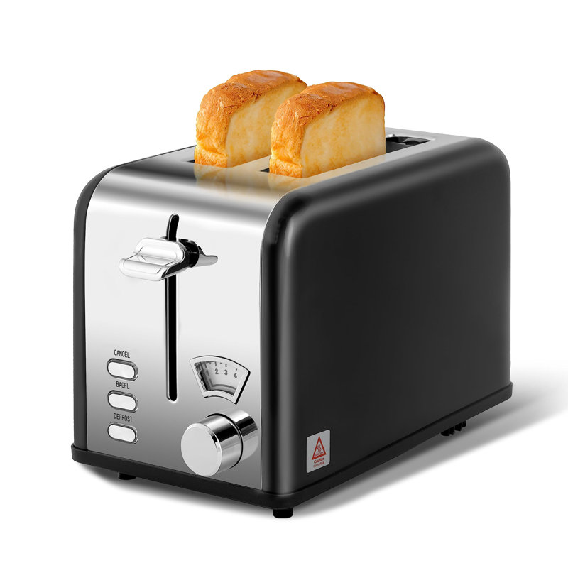 Retro Black Stainless Steel 2-Slice Toaster with Wide Slot and Crumb Tray