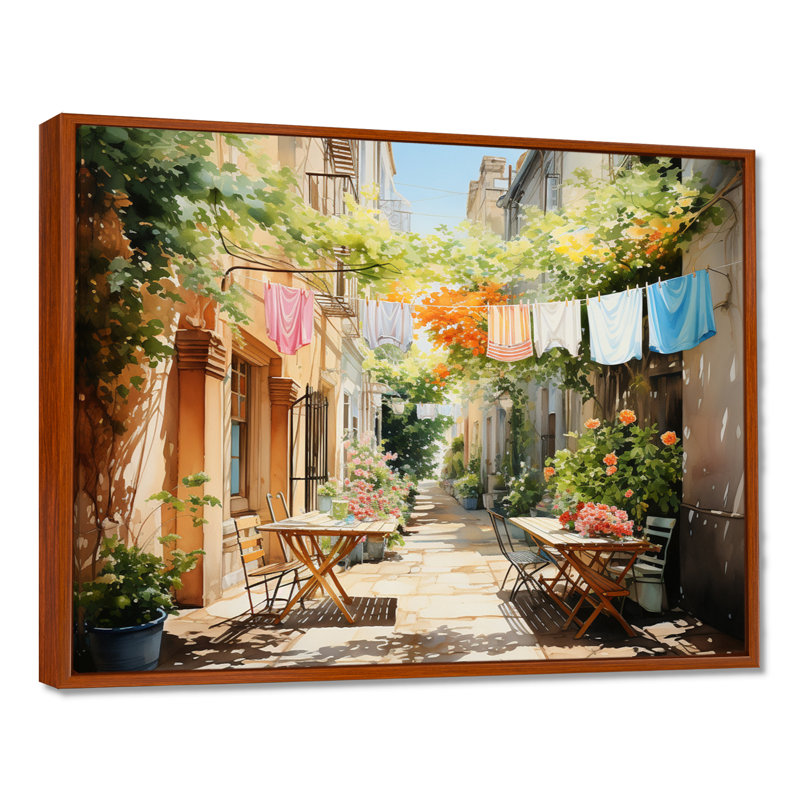Jour de lessive en Italie III - Art mural, H 24 po x l 32 po x P 1 po, Cadre flottant brun