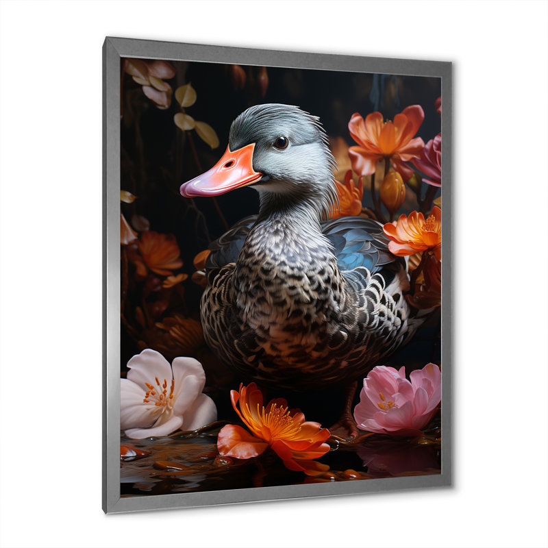 «Duck's Floral Shadow Diver» - Art mural animal canard, Cadre simple argenté, H 44 po x l 34 po x P 1,5 po