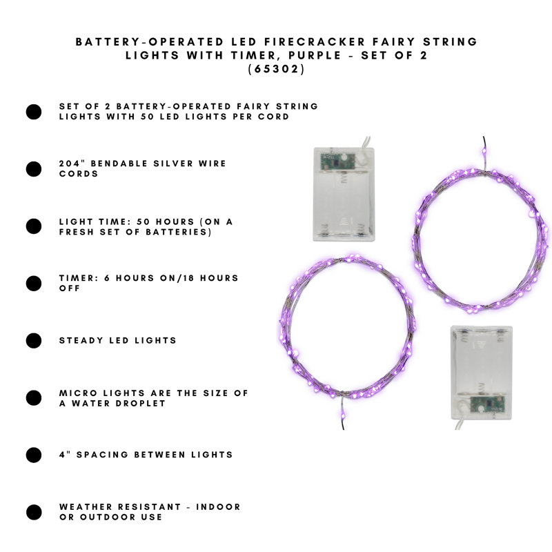  Battery Operated LED Fairy String Lights with Timer, Purple