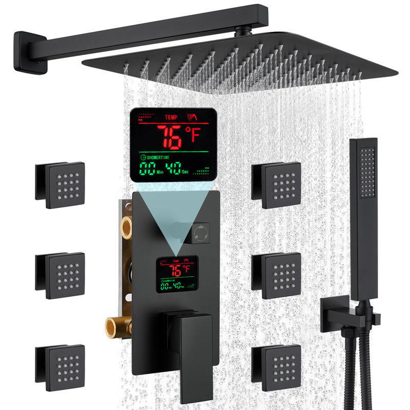 12" LCD Display 3-Function Wall Mounted Pressure Balanced Luxury Shower System with 6 Body Jets, Matte Black