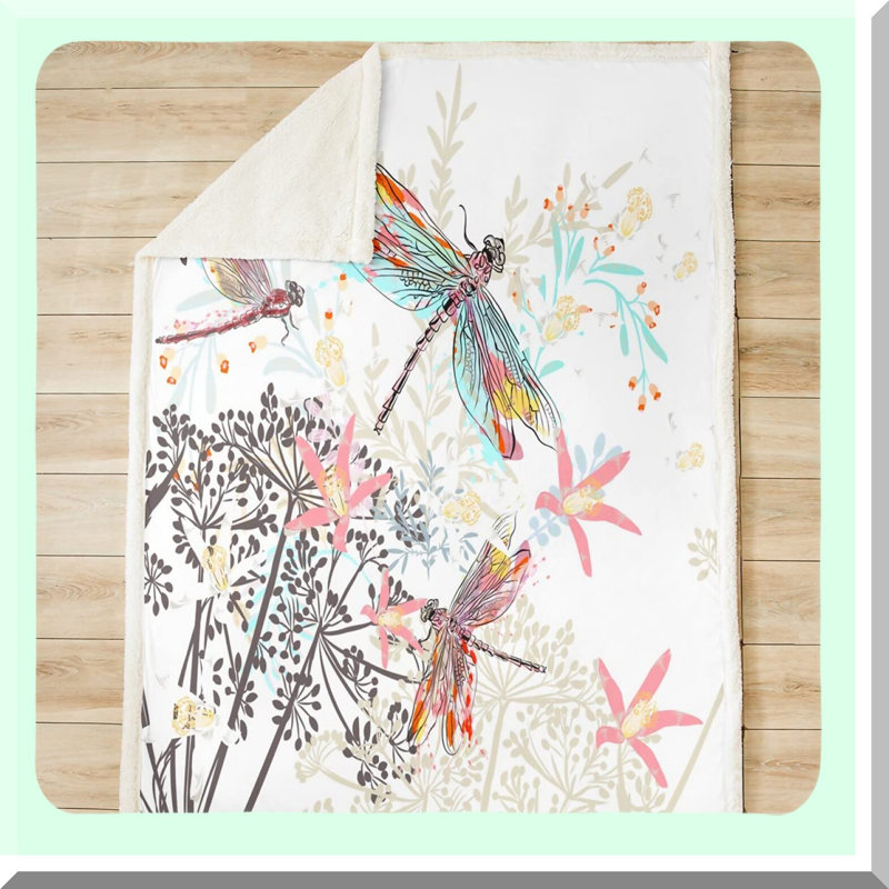 Dragonfly Dreams Sherpa Throw - Soft, Cozy, Fluffy Botanical Blanket for Adults