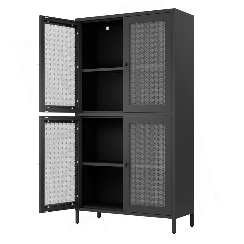 Classic Metal Storage Cabinet Display Cabinet With 4 Glass Doors 4 Shelves Cabinet Freestanding Bookcase Side Cabinet For Home Office Living Room Kitchen Hallway - Black, Begonia Flower Tempered Glass