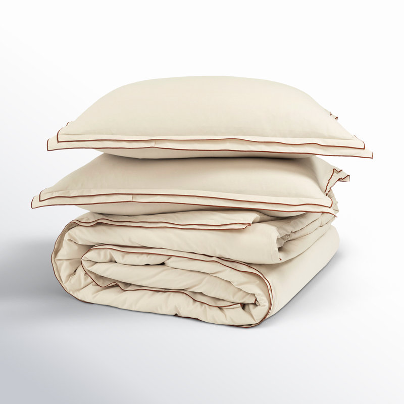 Hampton Double Flange Embroidered Contrast Edge Duvet Cover 3 Pieces Set, King Duvet Cover + 2 King Shams, Beige