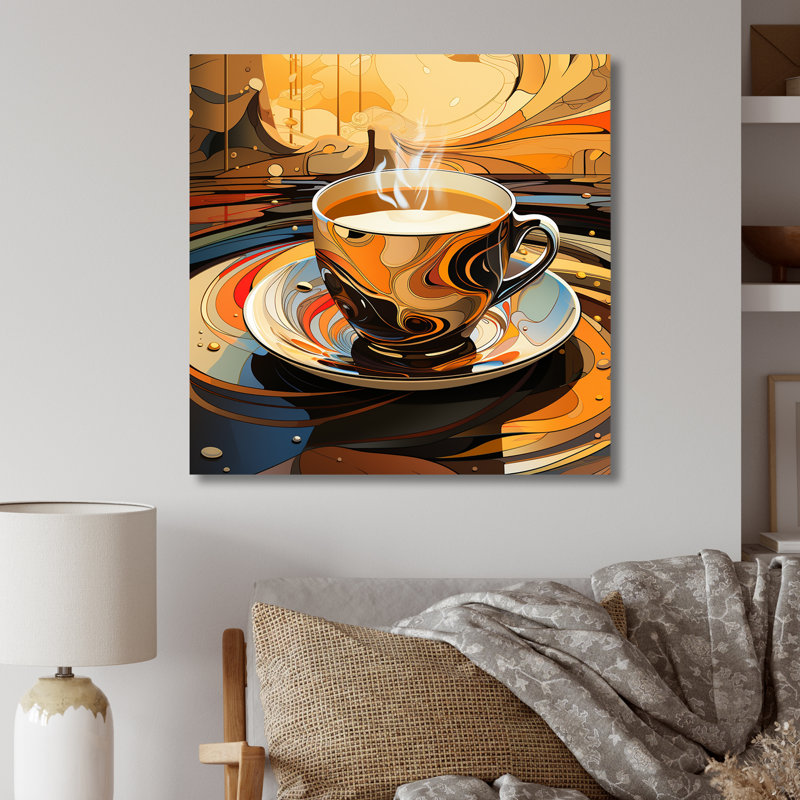 «Yellow Steaming Coffee Brew» - Art mural en métal café, H 29 po x l 29 po