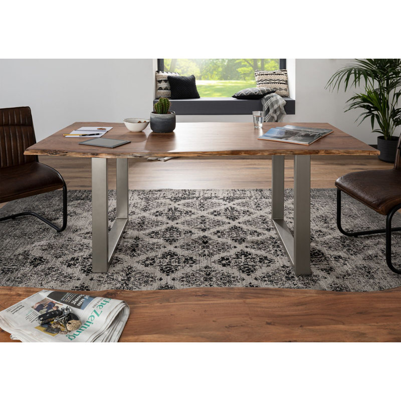 Freeform 3 Acacia Solid Wood Top Metal Base Dining Table, Silver, Ecru, H76 x L200 x W100cm