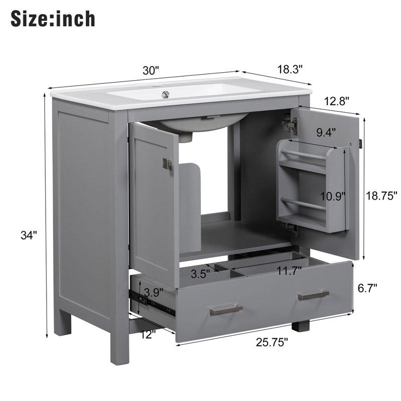 30 Inch Bathroom Vanity With Single Sink, Silver, Gray