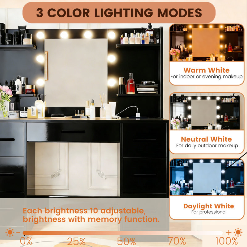 43.3" Makeup Vanity With 7 Drawers, Power Outlet, And Mirror Cabinet With Three-color Lighting In Black, Black