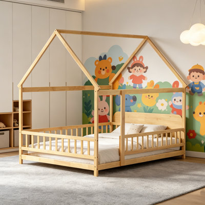 Lit au sol, lit d'enfant en forme de maison avec garde-corps complets, structure de lit en bois massif pour enfants, lit en bois pour jouer, lit plateforme pour enfants, lit pour enfants
