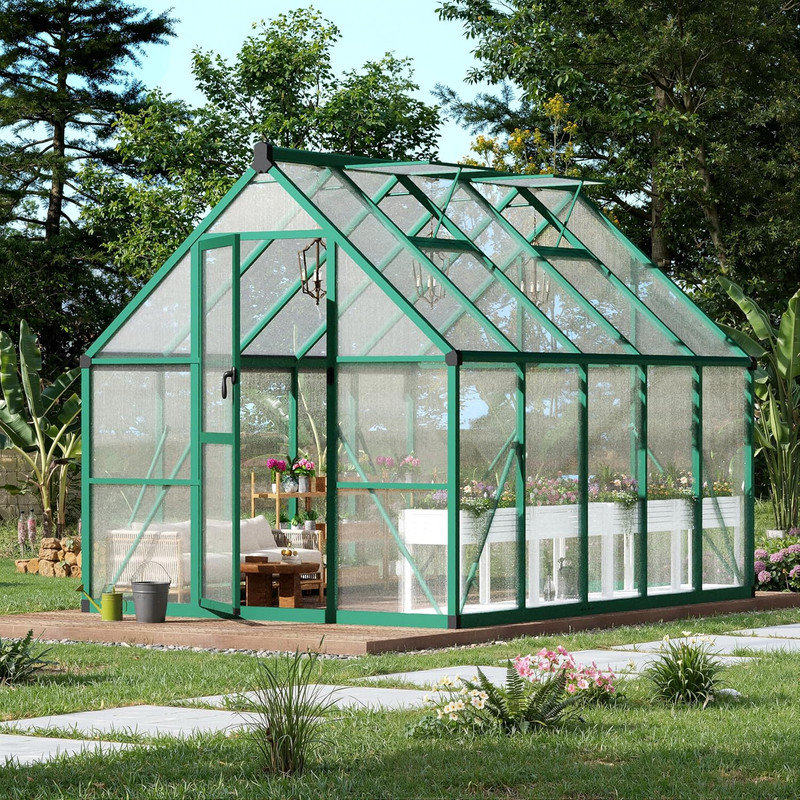 8'x10' Aluminum Frame Polycarbonate Greenhouse with Roof Vent & Gutter, Heavy Duty Outdoor Kit, Green