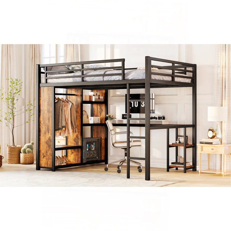 Queen Size Loft Bed Frame With Built-In Wardrobe, Metal Loft Bed With Desk And Storage Shelves, Woodgrain, Black