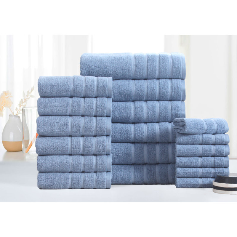 Ensemble de serviettes en coton 18 pièces Bibb Home Zero Twist (9 couleurs disponibles), Bleu cendré