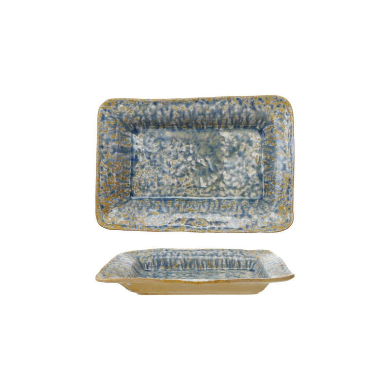 Plat de service en grès avec glacis craquelé réactif, bleu