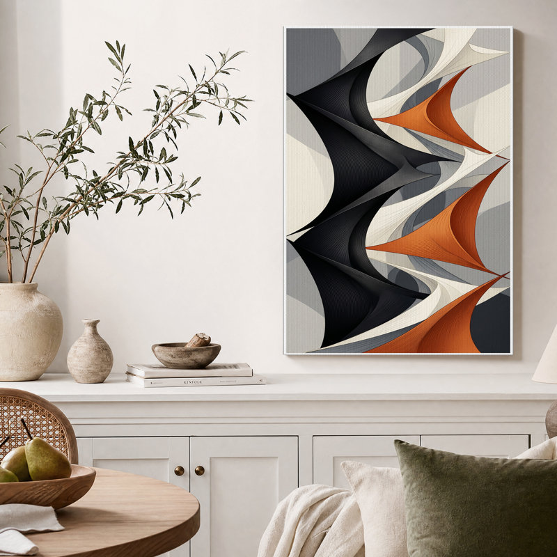 Tableau abstrait à rubans noirs et rouille sur toile, 48"H x 32"W