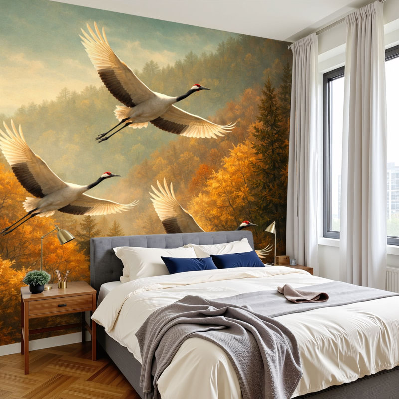 Papier peint adhésif auto-adhésif moderne pour la chambre à coucher Peel and Stick L 144 po x l 100 po avec grues gracieuses Autumn Forest