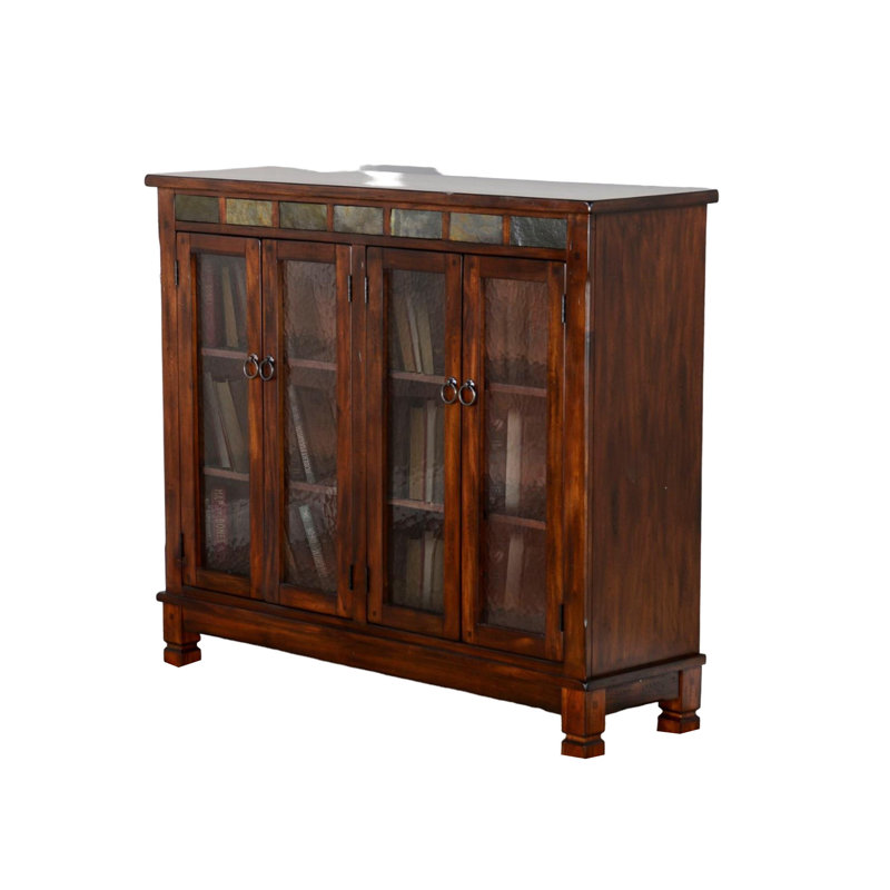 Marv Bookcase Cabinet, 4 Waterfall Glass Doors Slate Inlay, Brown/Silver