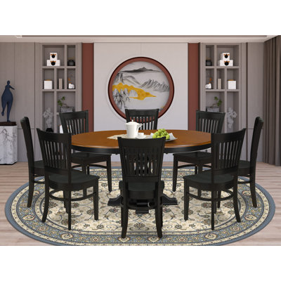 Ensemble de table de salle à manger 9 pièces composé d'une table de petit-déjeuner avec un plateau rond en cerisier et de 8 chaises modernes en bois avec dossier à lattes, noir