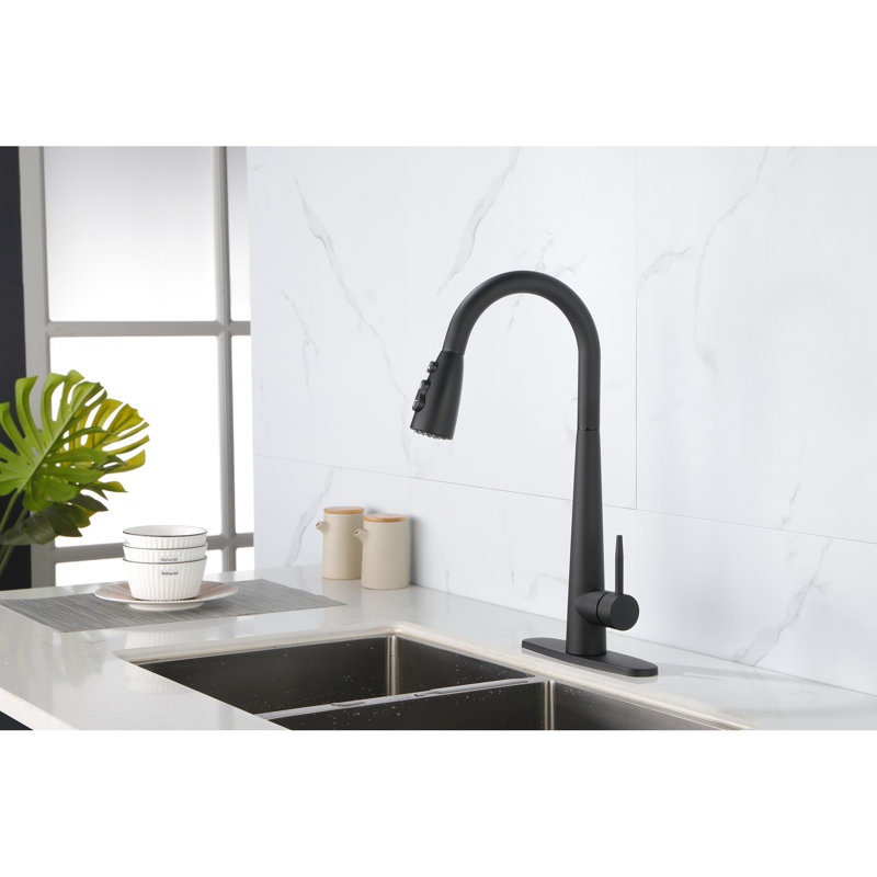 Matte Black Kitchen Faucet With Pull Out , Stainless Steel, Single Handle, Modern Design, Easy Installation Process Fingerprint Faucet, Down Hole Deck Mount, Simple To Install And Operate
