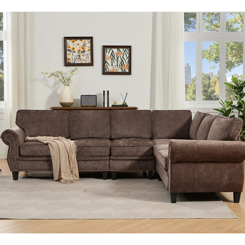 Canapé modulaire en chenille 6 places, modulaire, rivets, roulé, 109,5 po, siège en L 109,5 po chocolat, revêtement, Chocolat