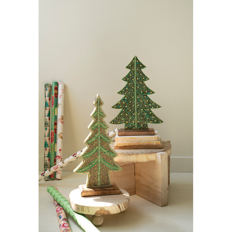  Duo d'arbres de Noël en bois avec détails perlés - Accent de ferme rustique