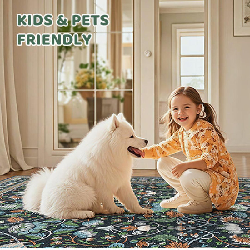 Tapis floral antidérapant lavable à l'intérieur, Rectangle 7 pi x 9 pi