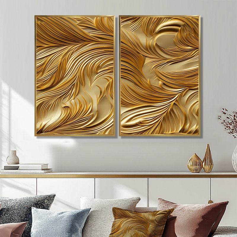 Golden Feathers Serenity IV - grandes plumes, impressions sur toile, H 36 po x l 48 po, Impression encadrée flottante, Doré