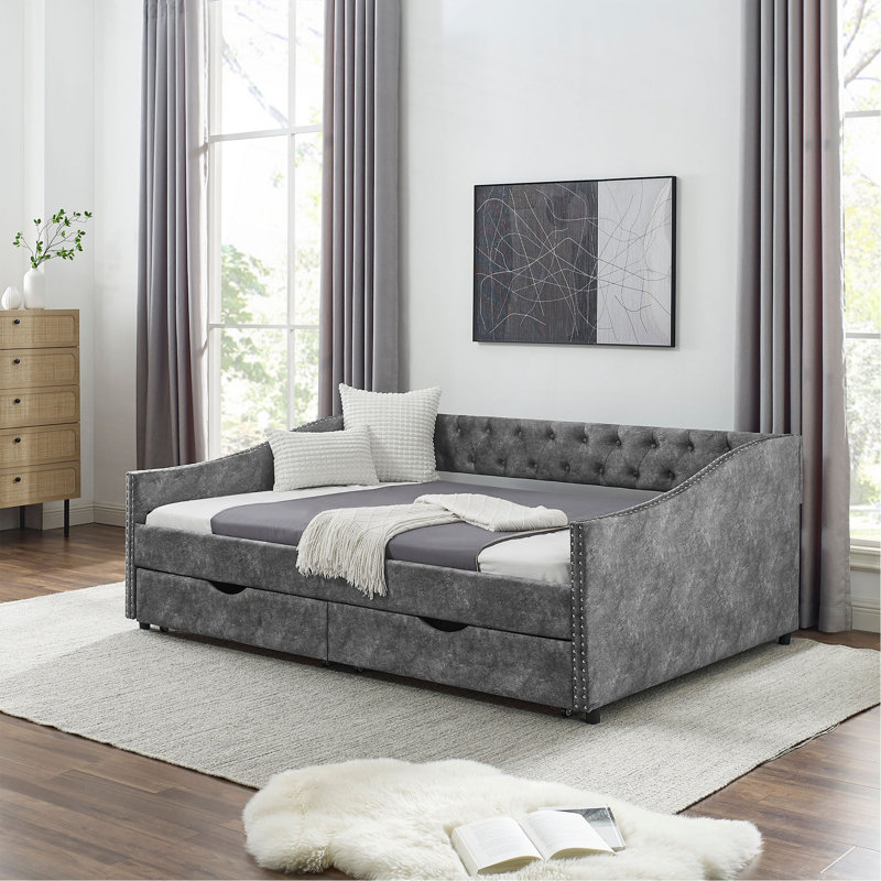 Full Size Daybed With Drawers Upholstered Tufted Sofa Bed, With Button On Back And Copper Nail On Waved Shape Arms, Grey