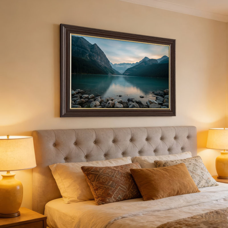 Art mural antique sur toile encadré doré pour le salon, la chambre à coucher, le bureau ou le vestibule - décoration murale décorative avec lac de montagne
