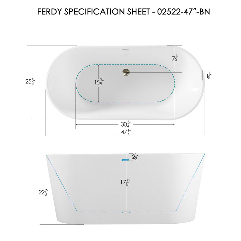 FerdY Bali 47" Freestanding Soaking Bathtub, With Brushed Nickel Drain