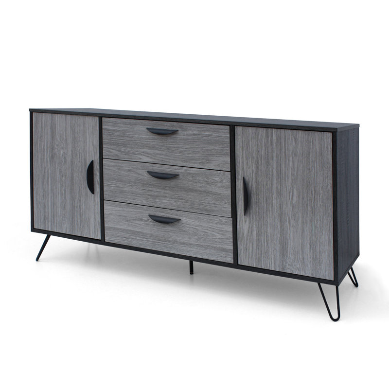 Sideboard Cabinet Console With 3 Drawer, 2 Door, 59 Inch, Iron, Grey Wood