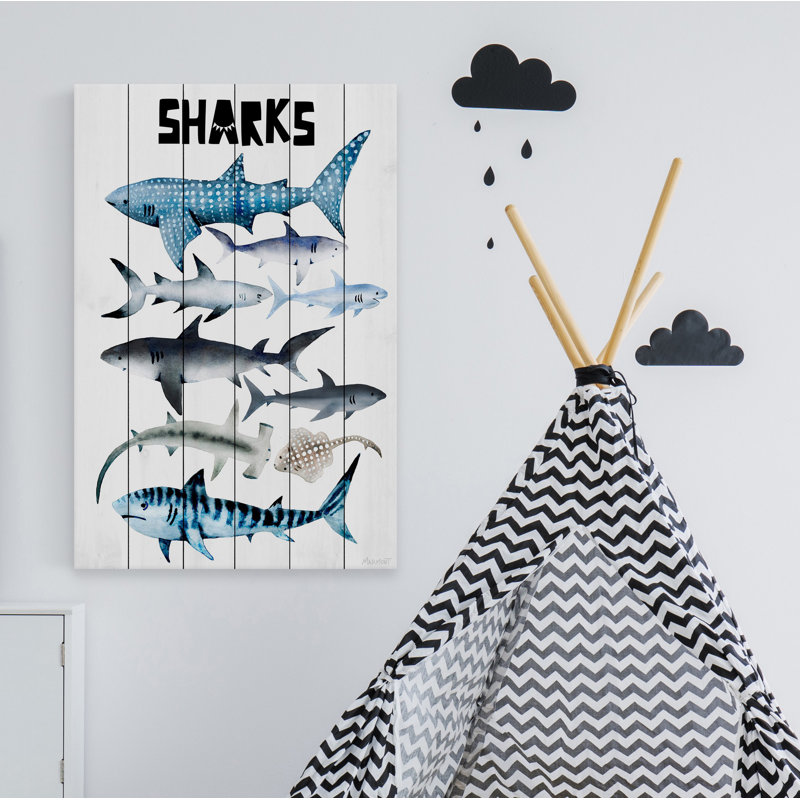 «Sharks», reproduction d'art sur bois blanc, H 24 po x l 16 po x P 1,5 po