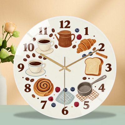 12-Inch Silent Tempered Glass Wall Clock, " Coffee Pastry Clock ” Silent Non-Ticking Clock, Battery Operated (AA Batteries Not Included), Artistic Home Decor