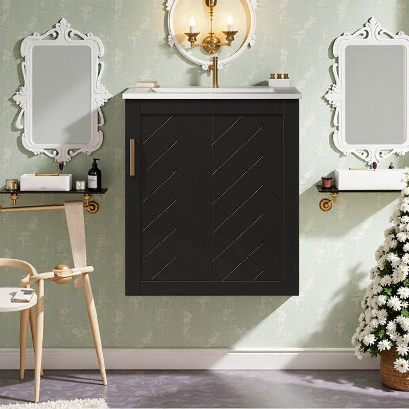 Ensemble 20 pièces de meuble-lavabo mural avec lavabo en céramique et portes à fermeture en douceur, Noir
