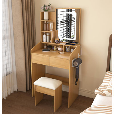 Coiffeuse avec miroir lumineux à DEL, prise de courant, support pour sèche-cheveux et tabouret - coiffeuse compacte pour petites chambres à coucher (bois)