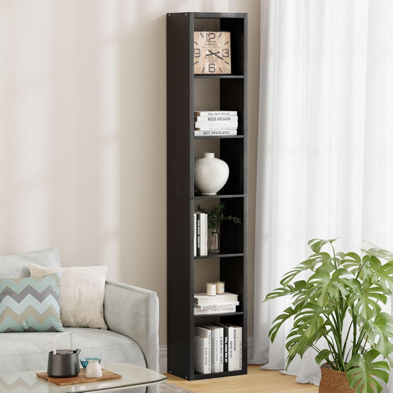 Tall Narrow 6-Shelf MDF Bookcases, Slim Vertical Storage Unit, Corner Bookcase for Small Spaces, Bedroom & Home Office, Black