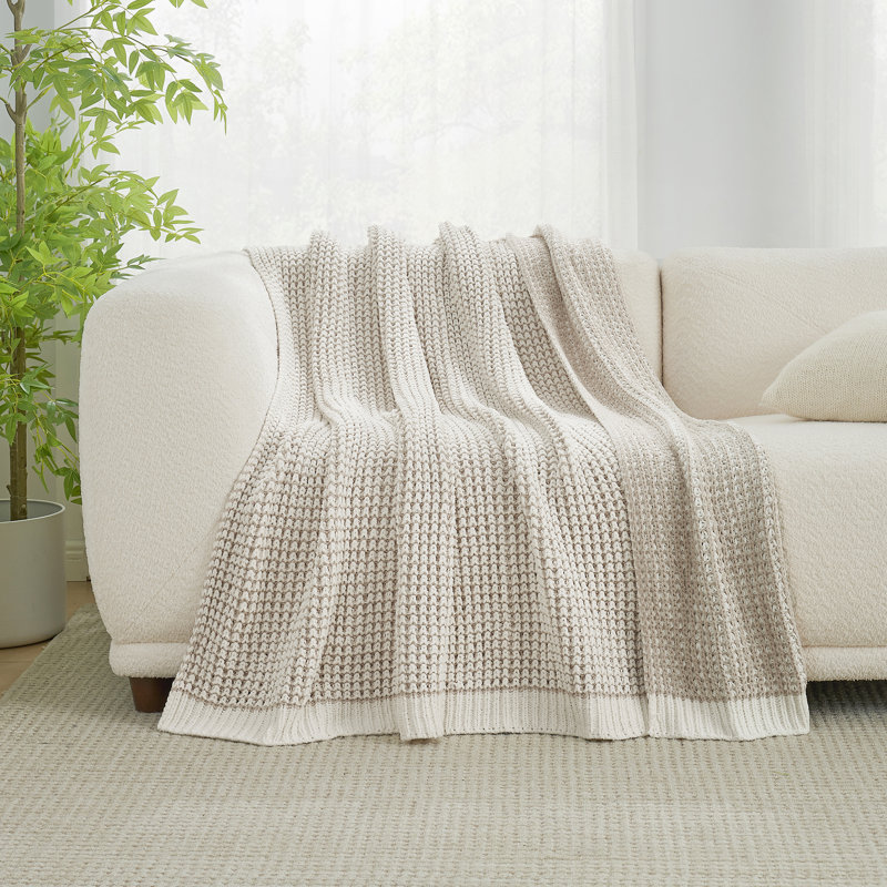 Reversible Chenille Knit Throw Blanket Soft Waffle Weave For Couch, Bed, And Living Room, Beige, 50" W x 60" L