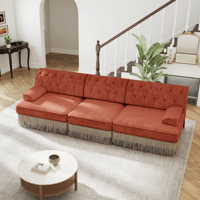 3-Seater Velvet Modular Sofa, Button Tufted Sectional Couch with Tassel Fringe Skirt & Wooden Base for Living Room