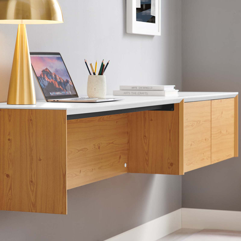 Modway Kinetic Wall-Mount Office Desk With Cabinet and Shelf, White/Natural, 27" H x 87" W x 18" D